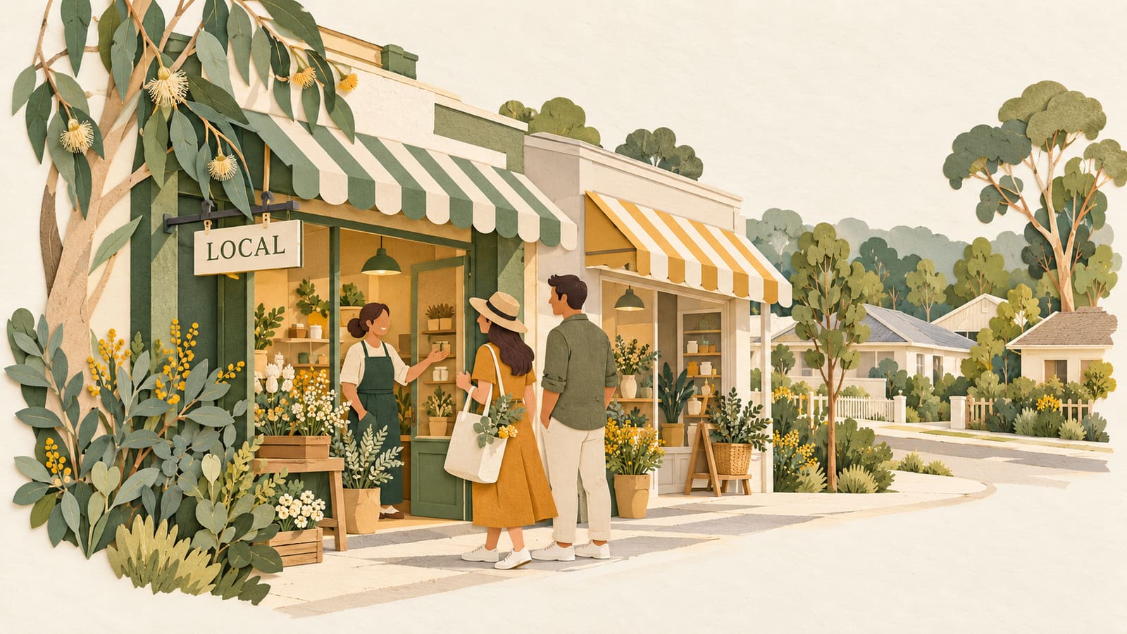 Illustration: Layered paper-cut shopfronts, eucalyptus trees and residents greeting a local shopkeeper.