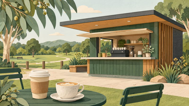 Illustration: Cut-paper artwork of coffee cups beside a modern café kiosk in a green park; a conceptual scene, not a depiction of the actual Billabong Parklands café.