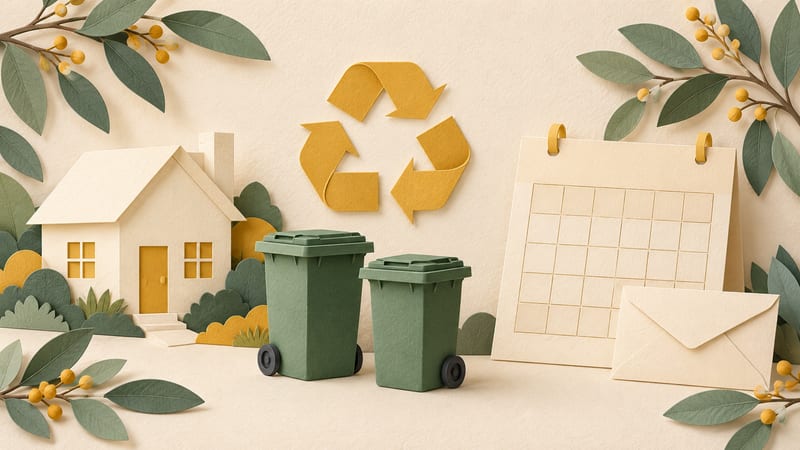Illustration: A paper house, two green bins, a recycling symbol, a blank calendar and an envelope.