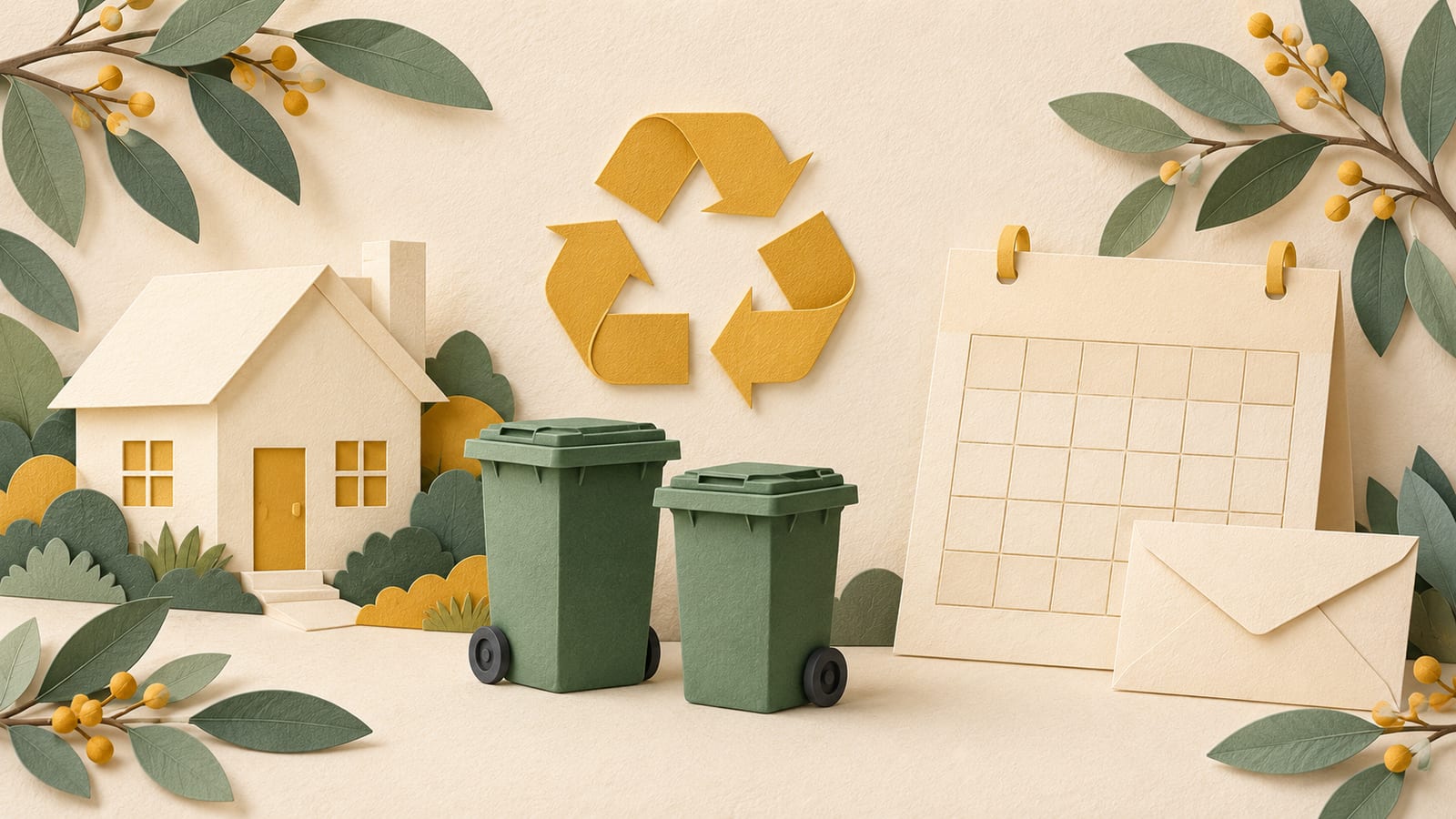Illustration: A paper house, two green bins, a recycling symbol, a blank calendar and an envelope.