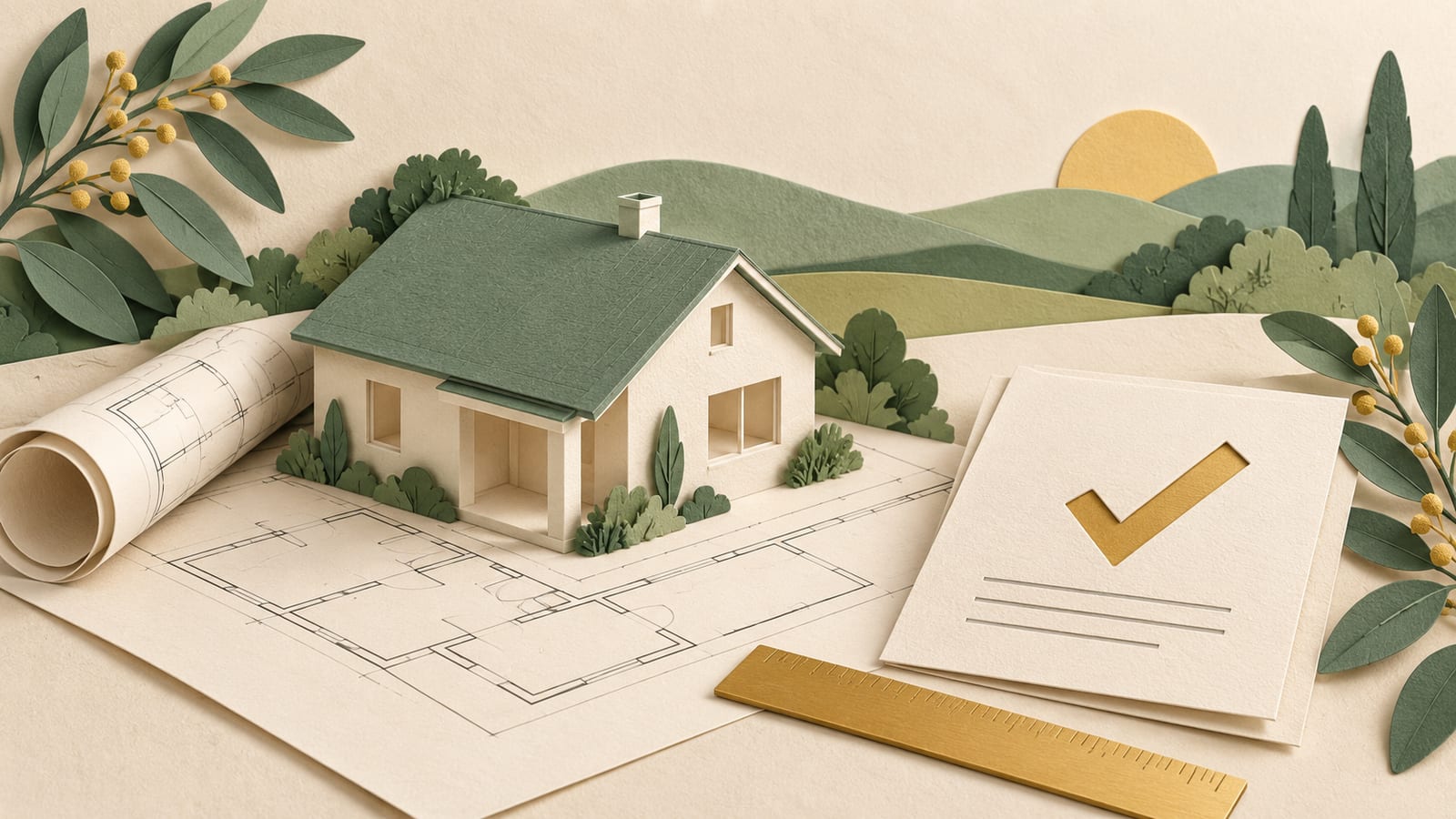 Illustration: A paper house model on architectural drawings beside a ruler and a document with a checkmark.