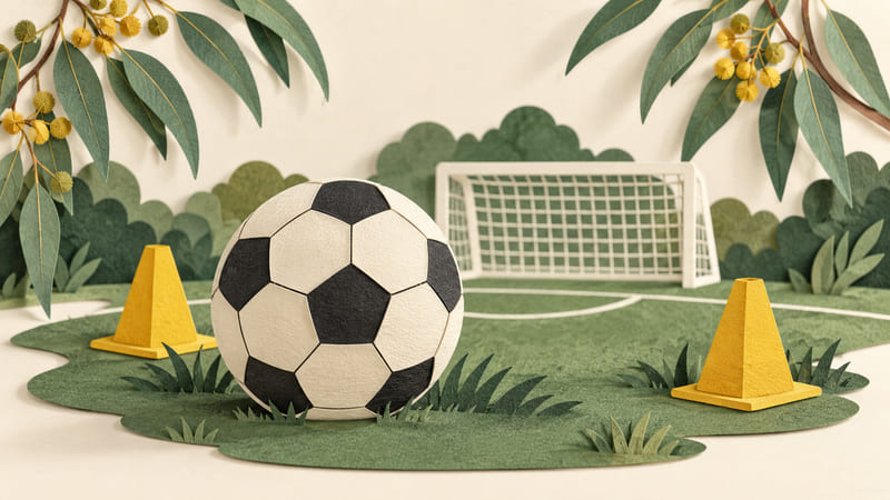 Illustration: Paper-cut illustration of a football on green turf, with a small goal, two gold training cones and eucalyptus leaves.