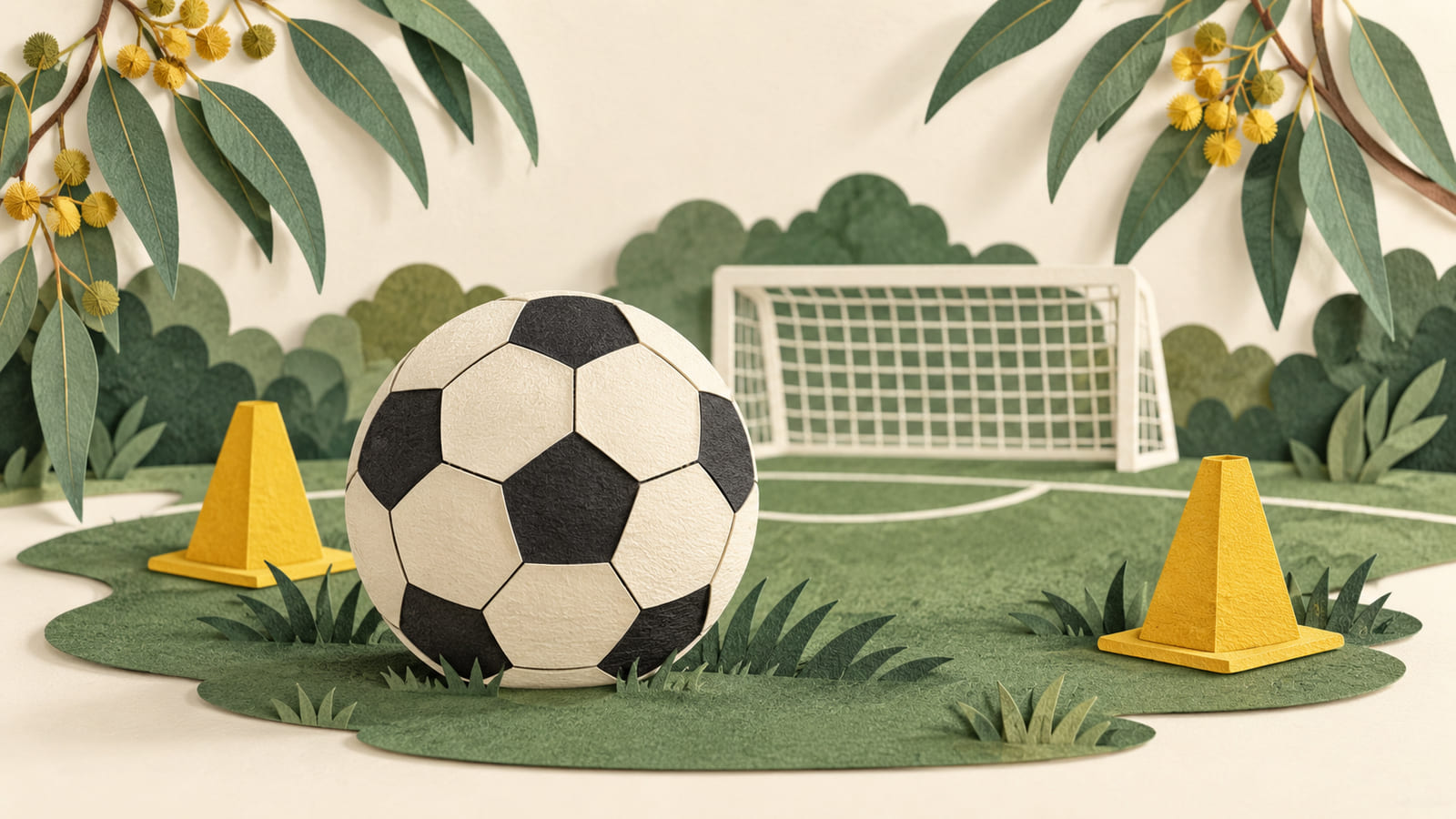 Illustration: Paper-cut illustration of a football on green turf, with a small goal, two gold training cones and eucalyptus leaves.