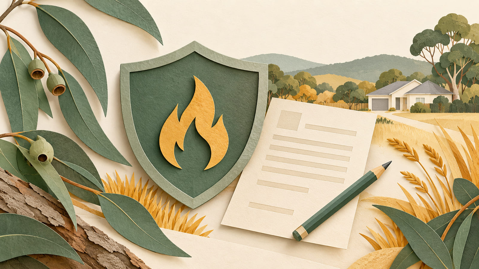 Illustration: A green paper shield with a gold flame symbol beside a blank permit document and pencil, framed by eucalyptus leaves and dry grass.