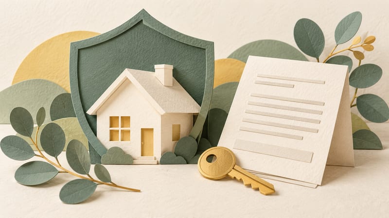Illustration: A paper house in front of a green shield, beside a document and a gold key.
