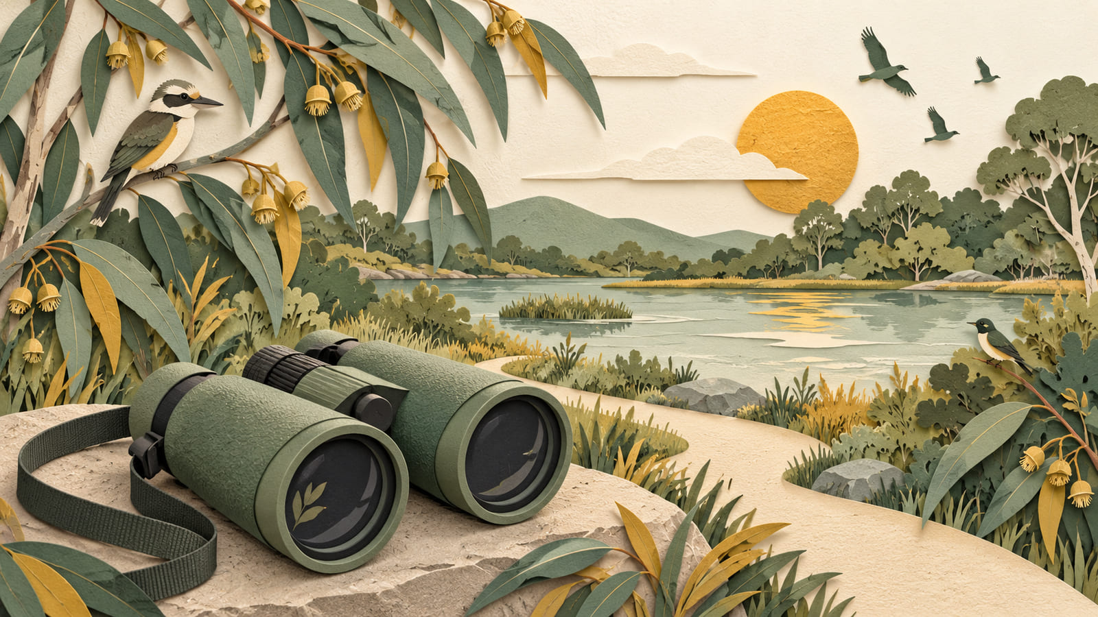 Illustration: Paper-cut illustration of binoculars beside a leafy path, with birds, a pond and a golden sun.