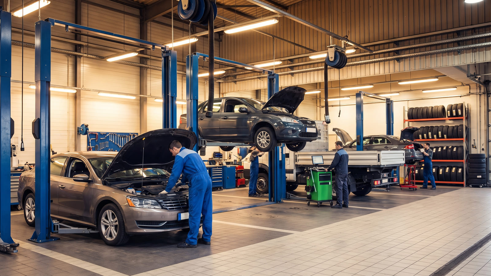 Illustration: Cars on hoists in a workshop, bonnets up, with a tyre rack along the wall.