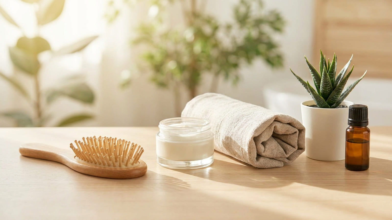 Illustration: A hairbrush, folded towel, cream jar and oil bottle on a light timber bench.