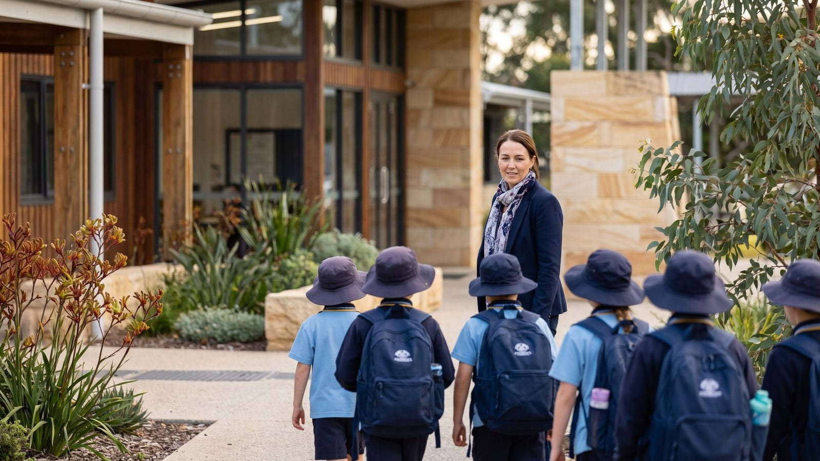 Illustration: Children in school uniform and wide-brimmed hats walking towards a teacher outside a school building of timber and sandstone, with native planting beside the path.