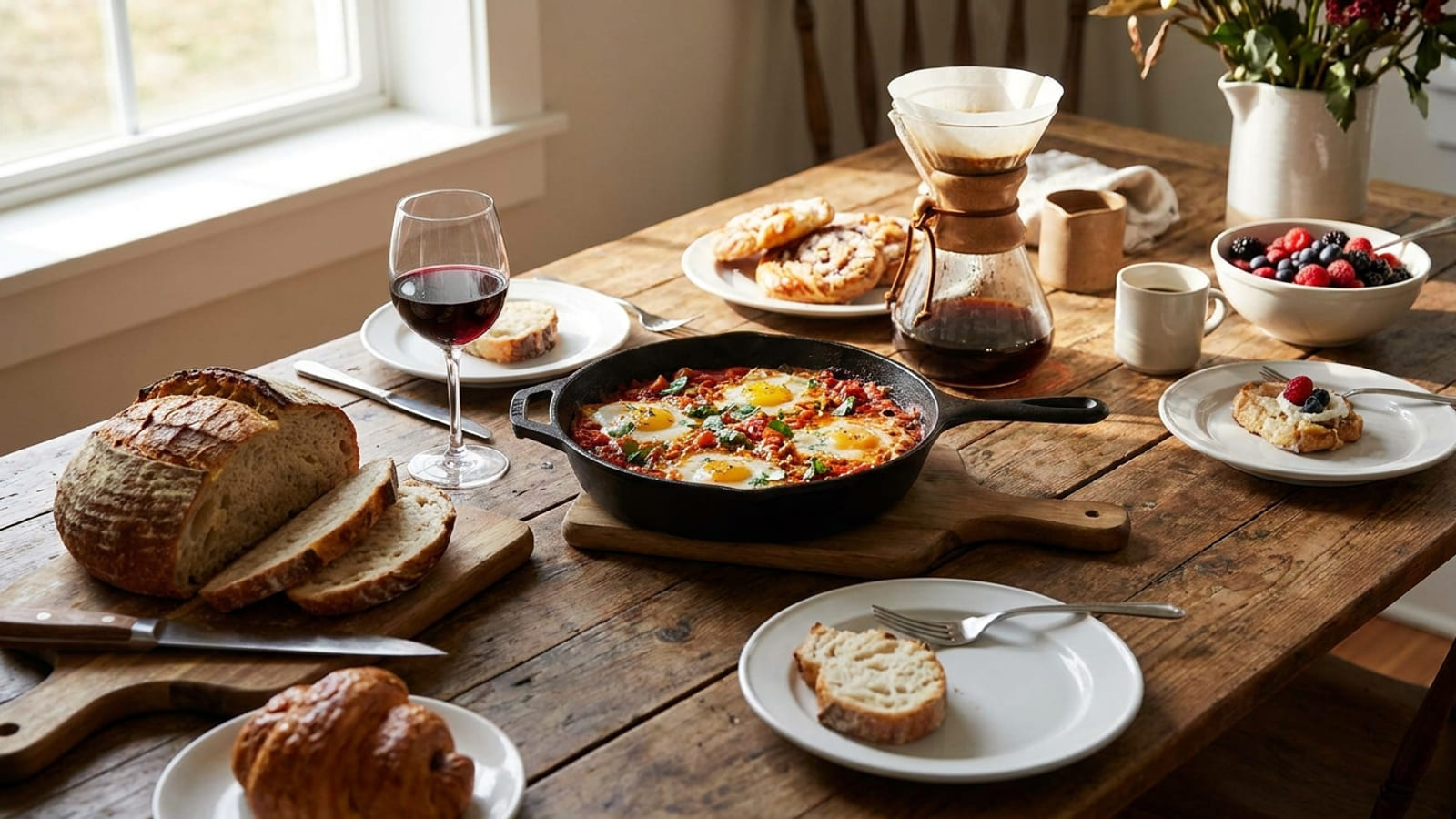 Illustration: Bread, a pan of eggs, coffee and berries on a timber table by a window.