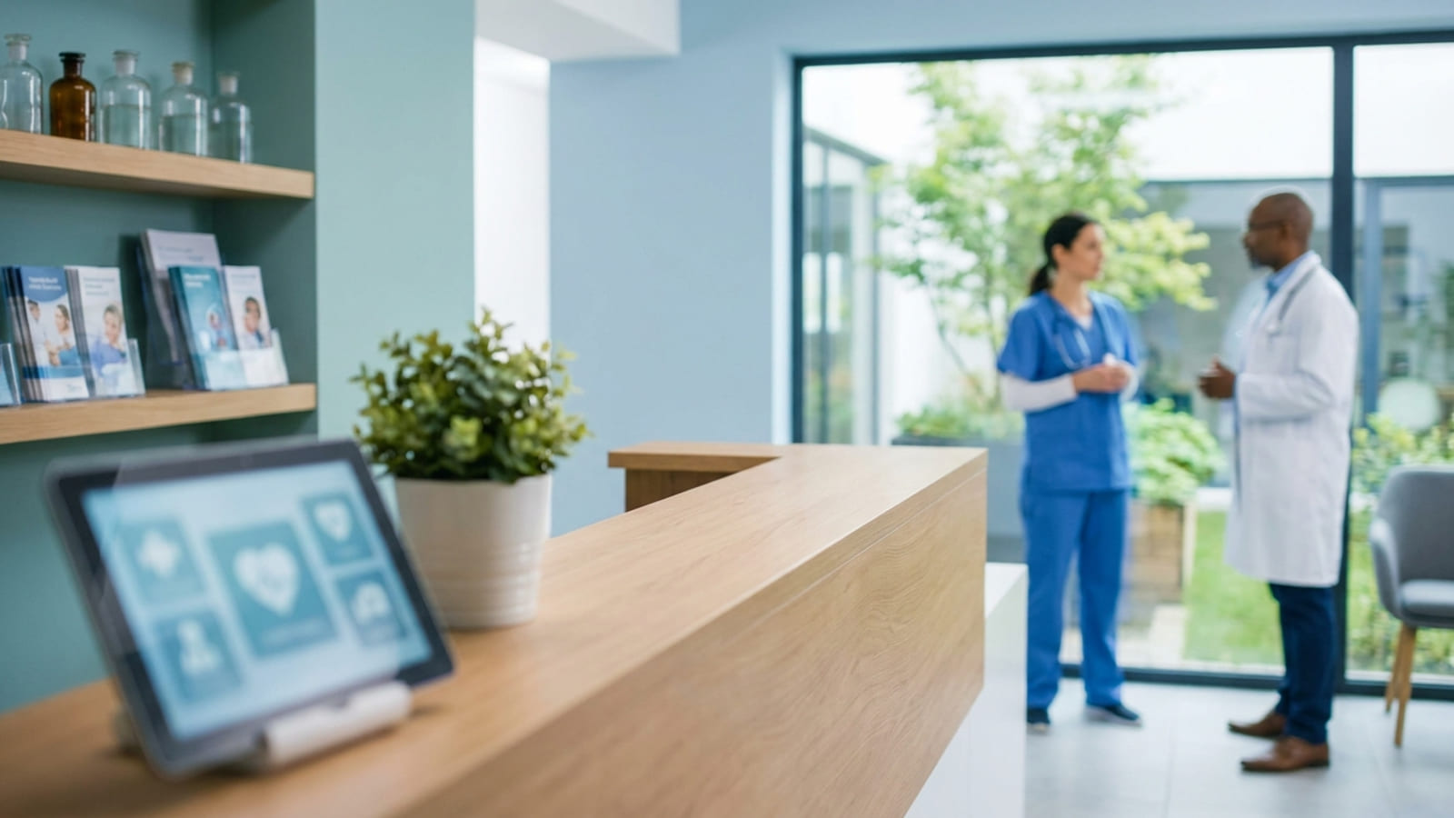 Illustration: The reception counter of a medical centre, with a check-in tablet, brochure shelves and glass bottles on a shelf; beyond it, out of focus, a nurse and a doctor talking beside a glazed courtyard.