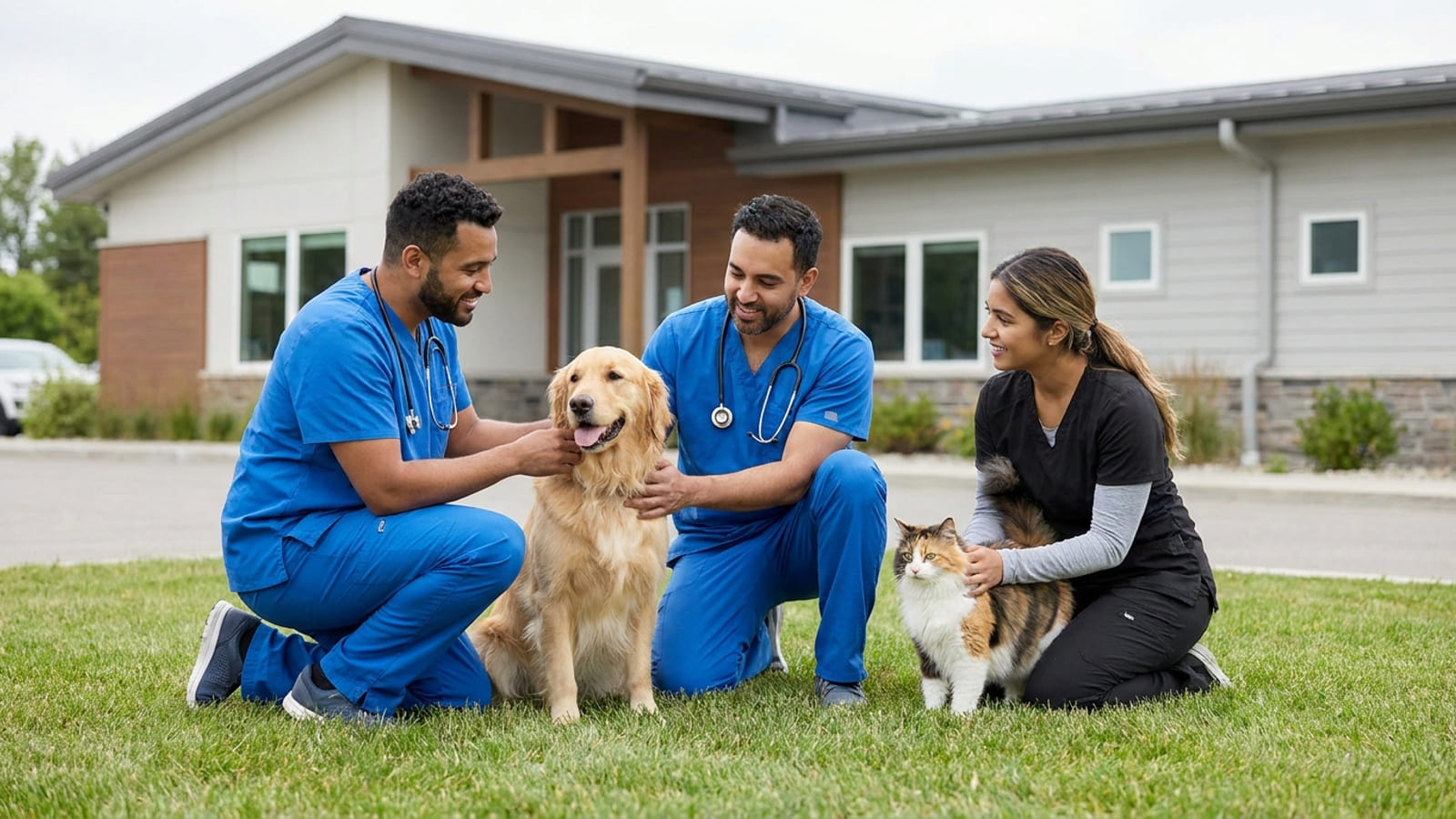 Illustration: Two vets and a nurse in scrubs outside a clinic with a dog and a cat on the grass.