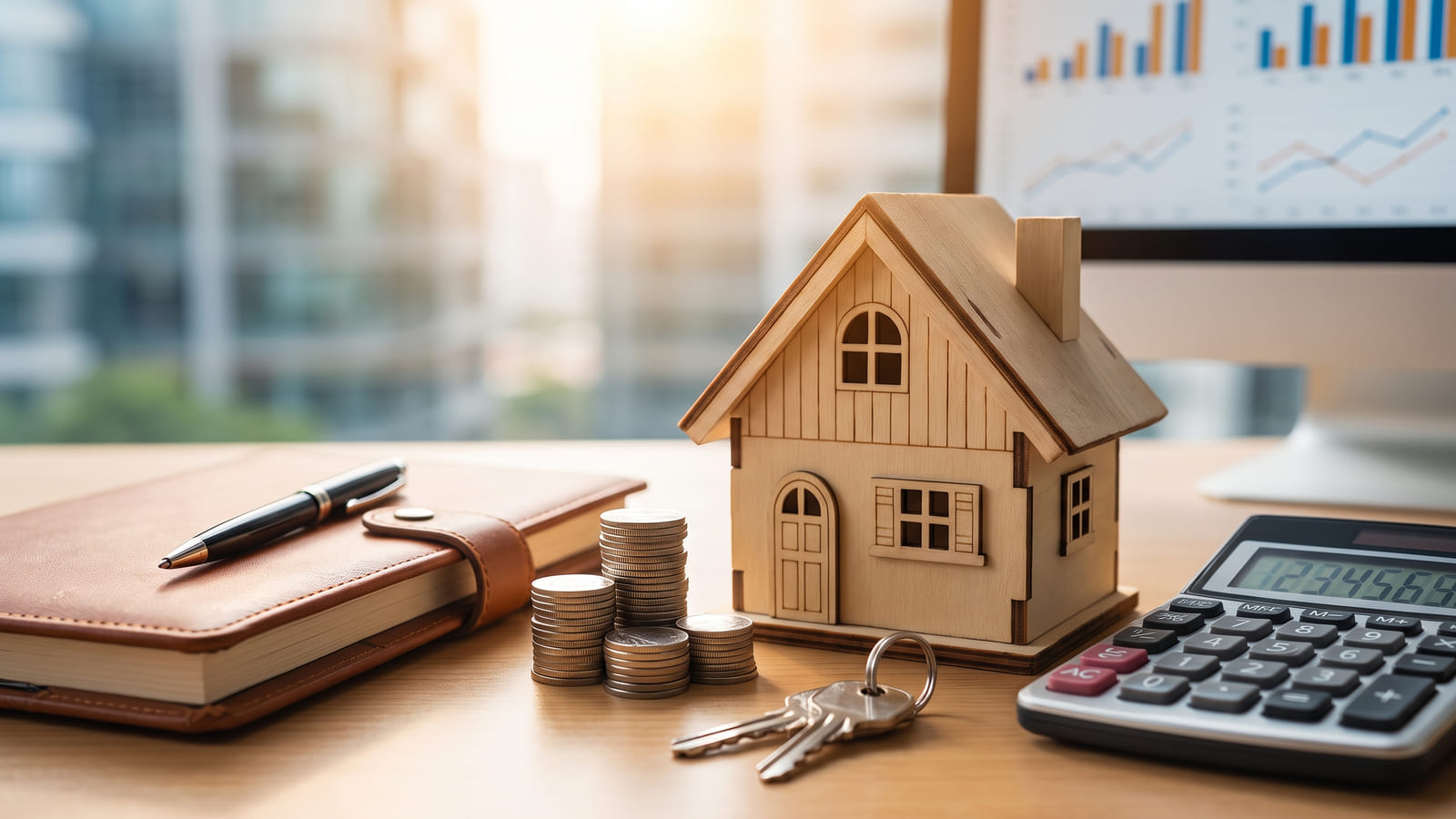 Illustration: A model house, keys, coins, a notebook and a calculator on a desk.