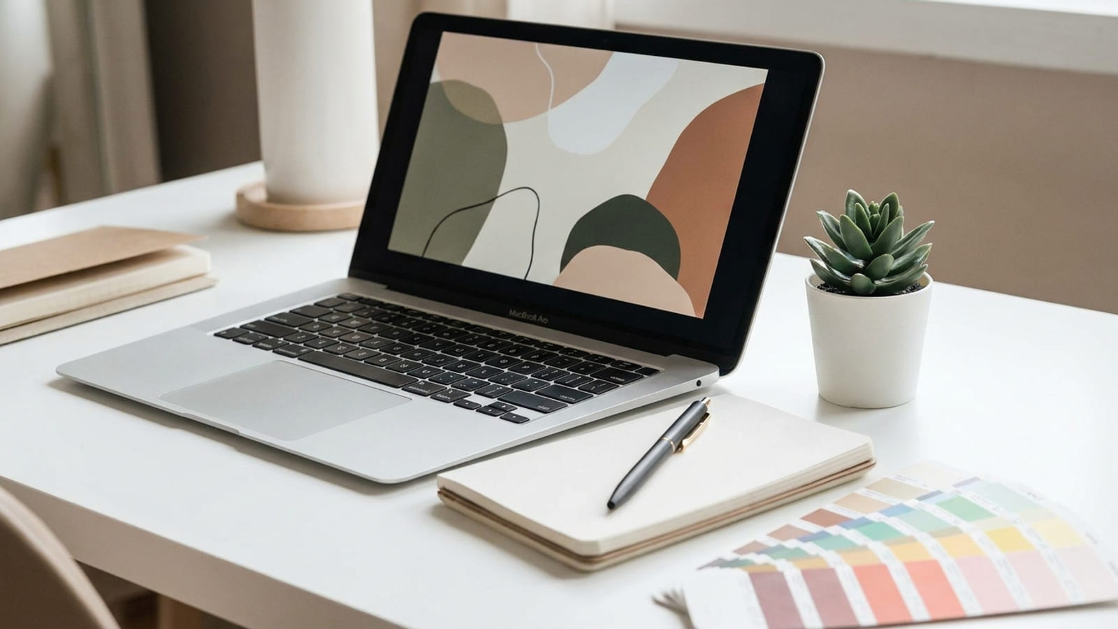 Illustration: A laptop open on a white desk, with a notebook, a pen, a small succulent and a fan of colour swatches beside it.