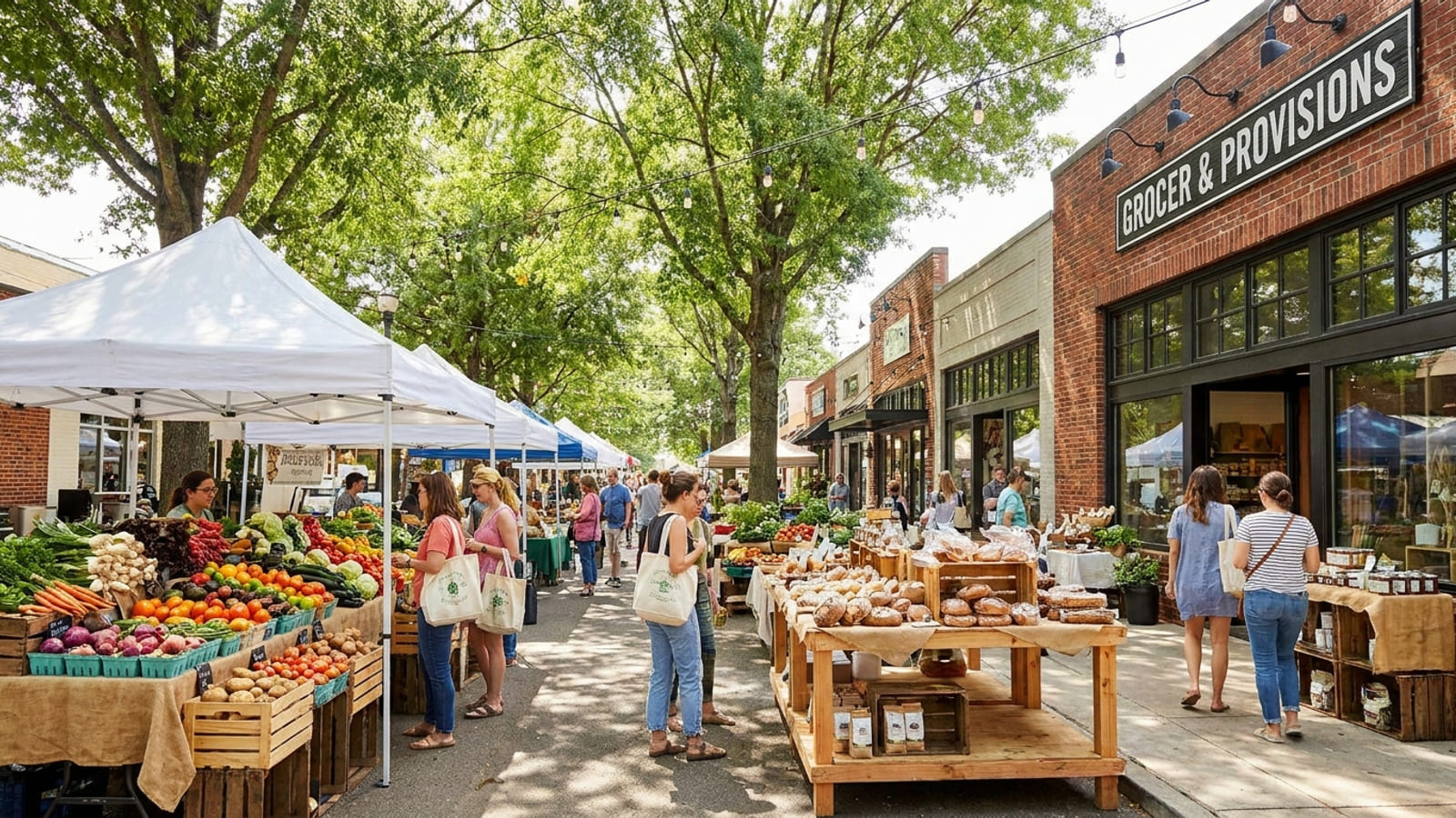 Illustration: A busy open-air market along a tree-lined street of brick shopfronts: white marquees, crates of vegetables, bread on trestle tables and shoppers with tote bags. One shopfront sign reads Grocer & Provisions.