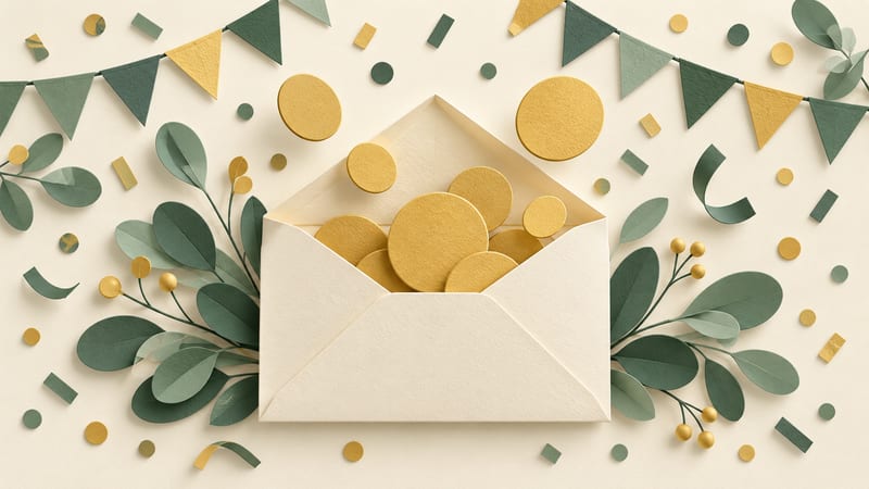 Illustration: A paper envelope with golden tokens, green leaves and festive bunting.