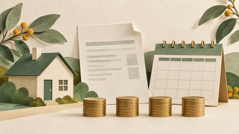 Illustration: A paper house, bill and calendar beside four evenly spaced stacks of coins.