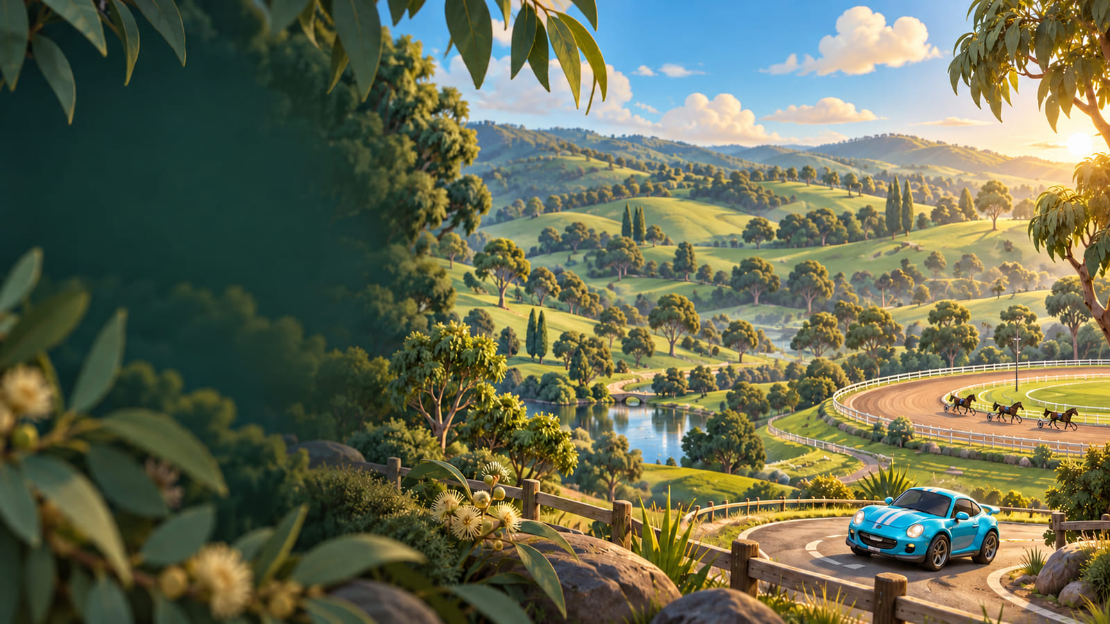 A cartoon paddock landscape with gum trees, white fences, a small blue car and a miniature harness track.
