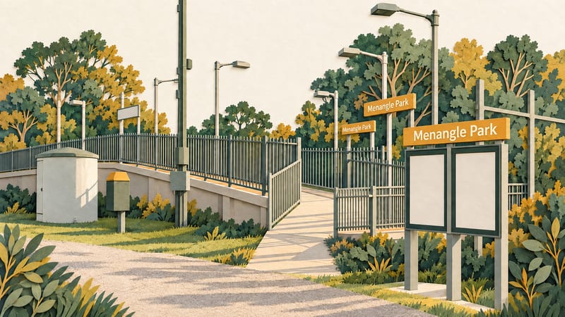 Illustration: Paper-cut illustration of Menangle Park station entrance, with named station signs, railings, lamp posts and trees.
