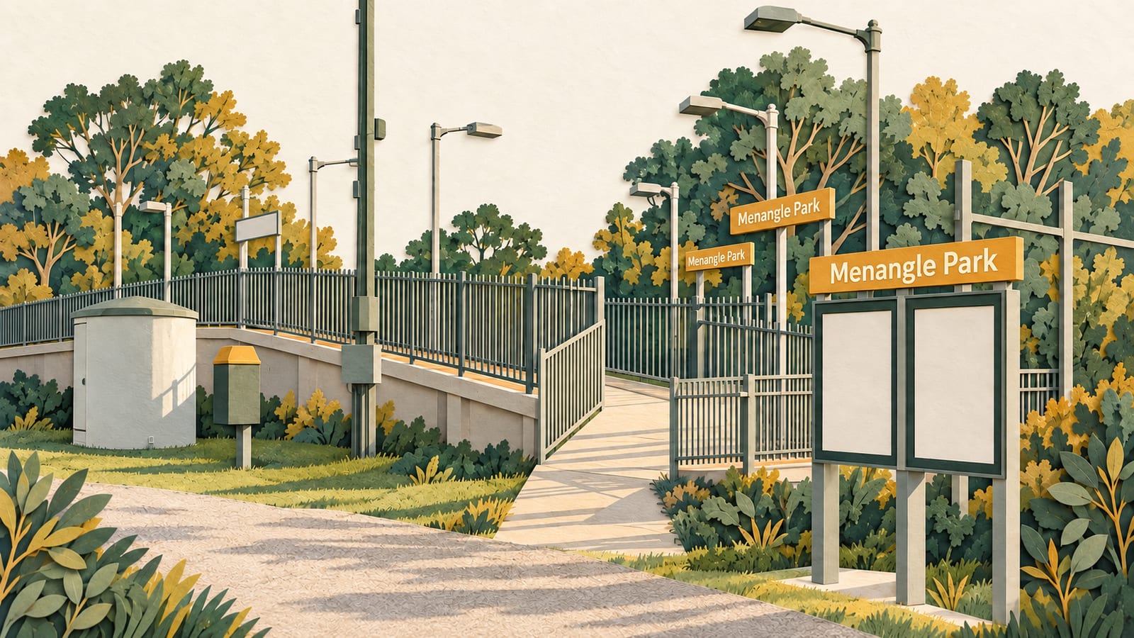Illustration: Paper-cut illustration of Menangle Park station entrance, with named station signs, railings, lamp posts and trees.