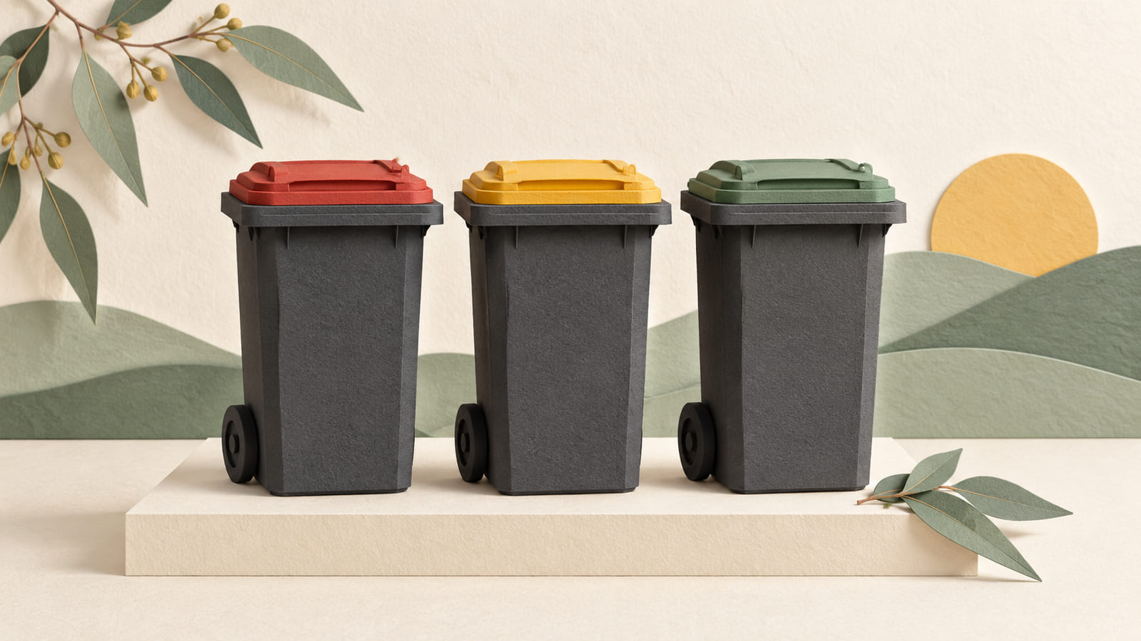 Illustration: Three paper wheelie bins with red, yellow and green lids beside folded leaves.