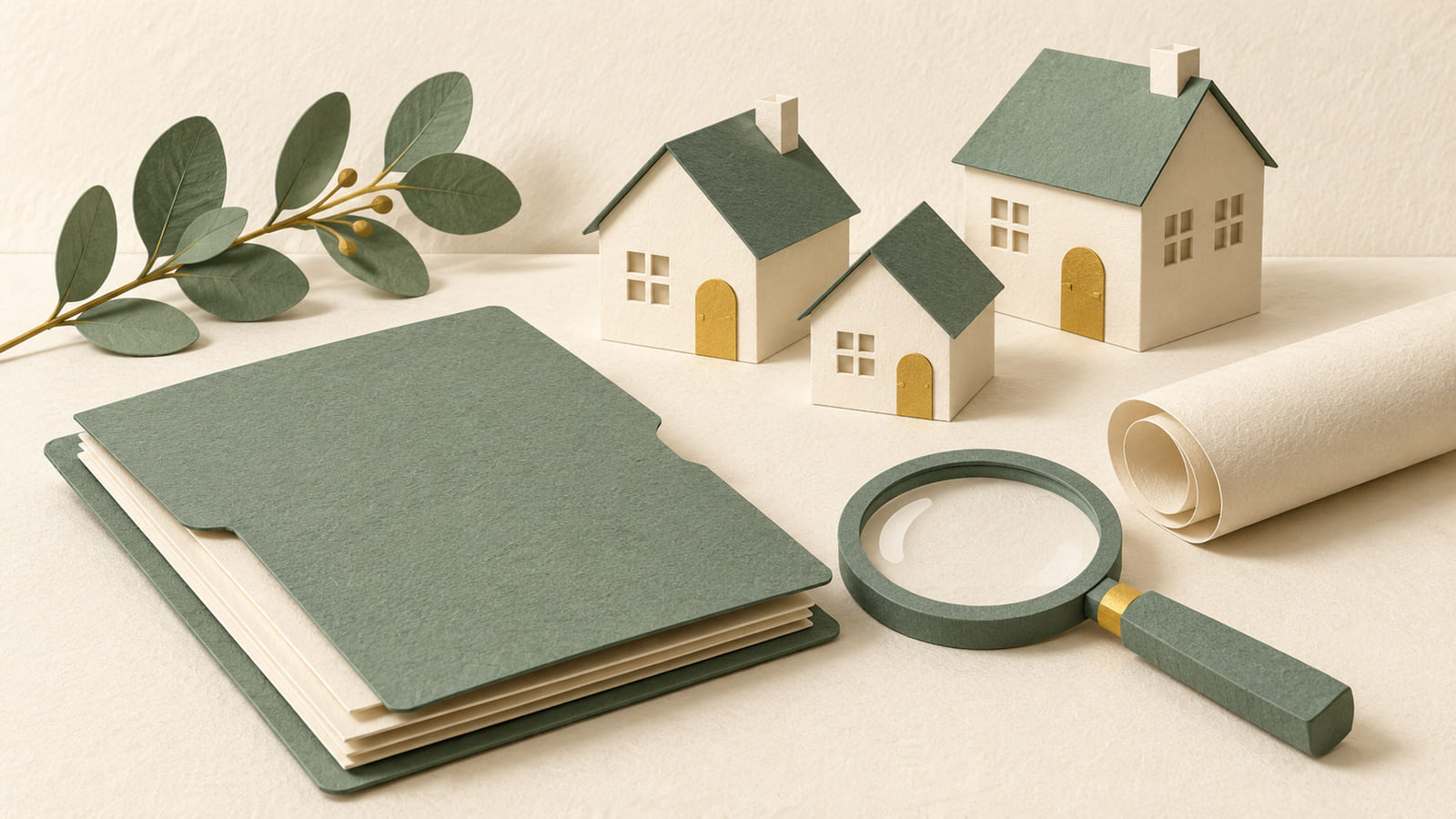 Illustration: A paper records folder, magnifying glass and small house models representing community information.