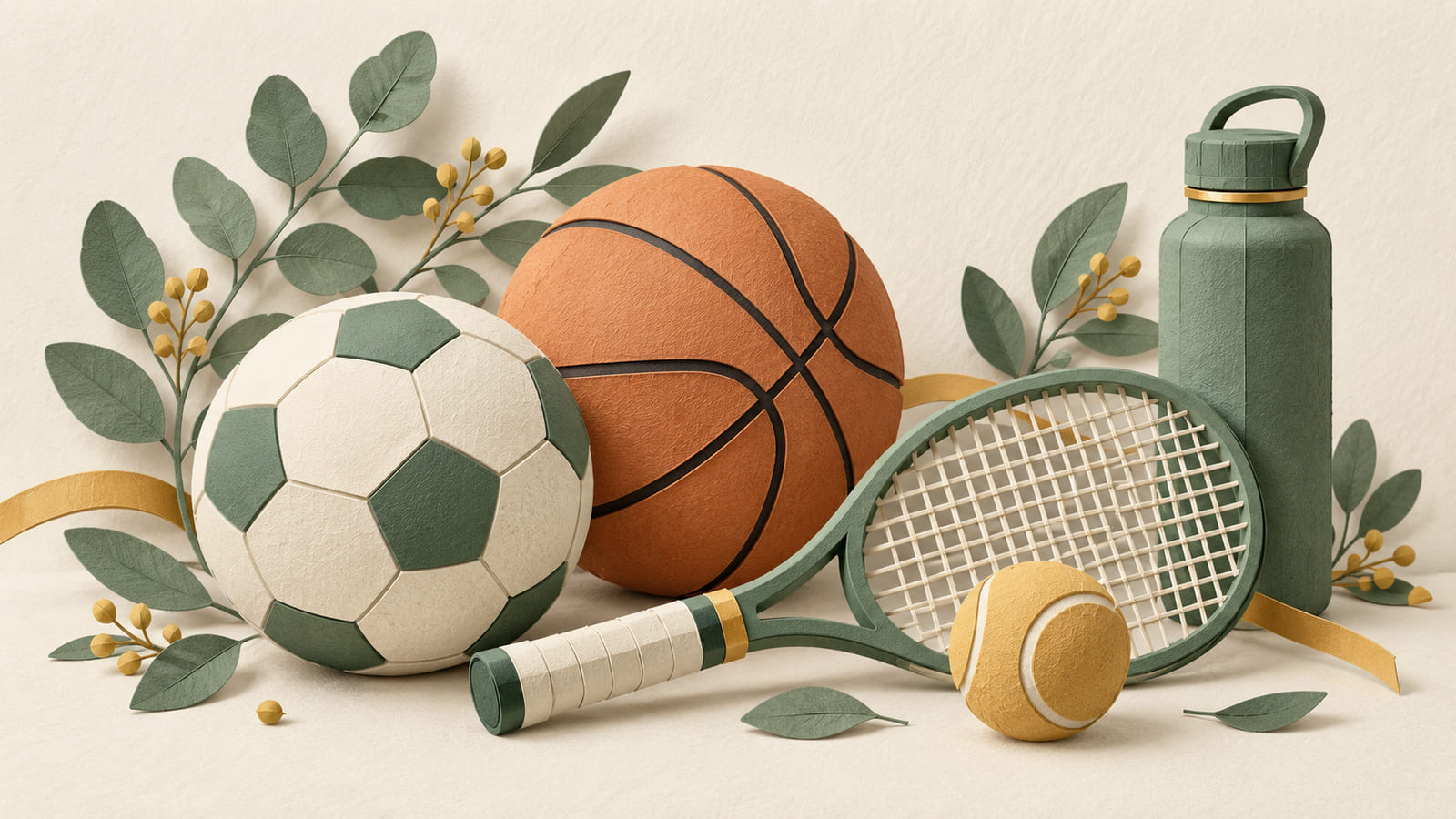 Illustration: A paper football, basketball, tennis racket and water bottle representing community sport.