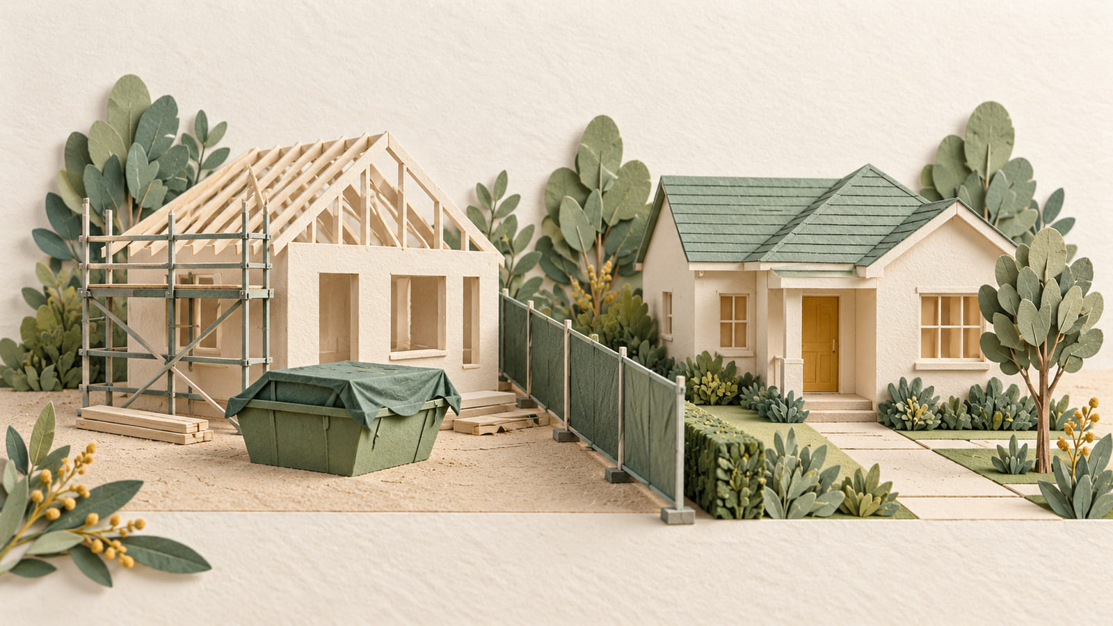 Illustration: A paper house under construction beside a finished house, with a temporary fence between them.