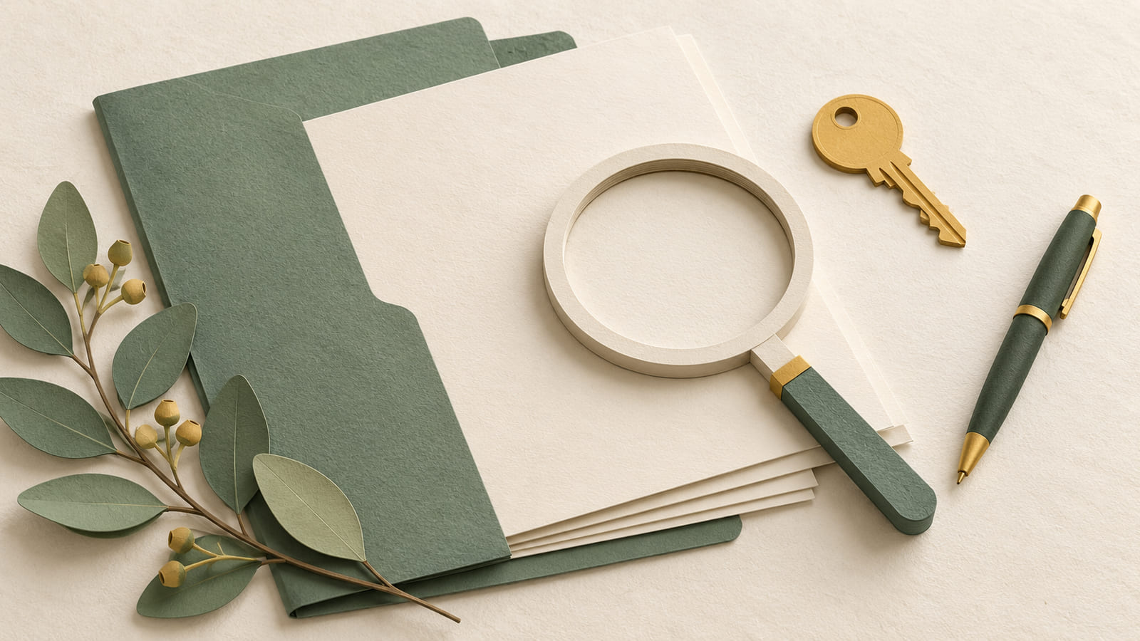Illustration: Paper contract documents, a magnifying glass, key and pen representing checks before buying or building.