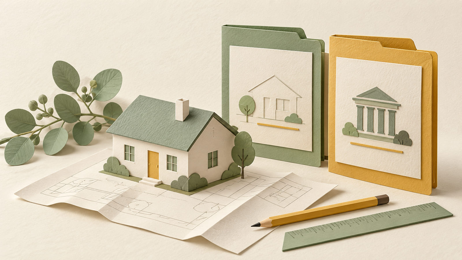 Illustration: A paper house on a plan beside two document folders, a pencil and ruler representing separate design and statutory checks.