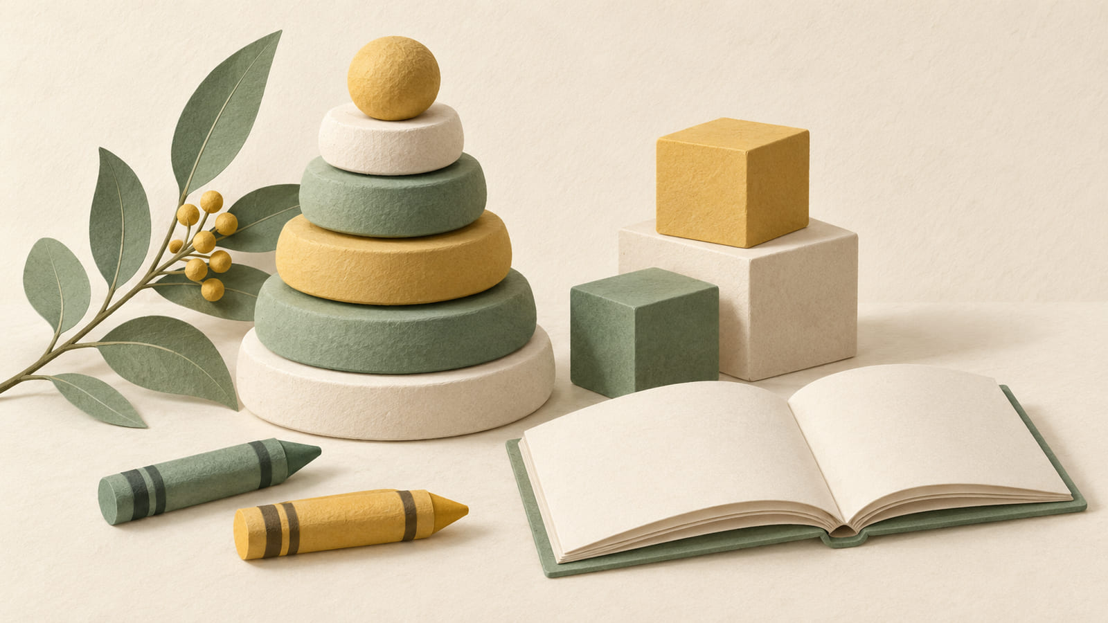 Illustration: Paper stacking rings, large toy blocks, a blank book and crayons representing early learning.