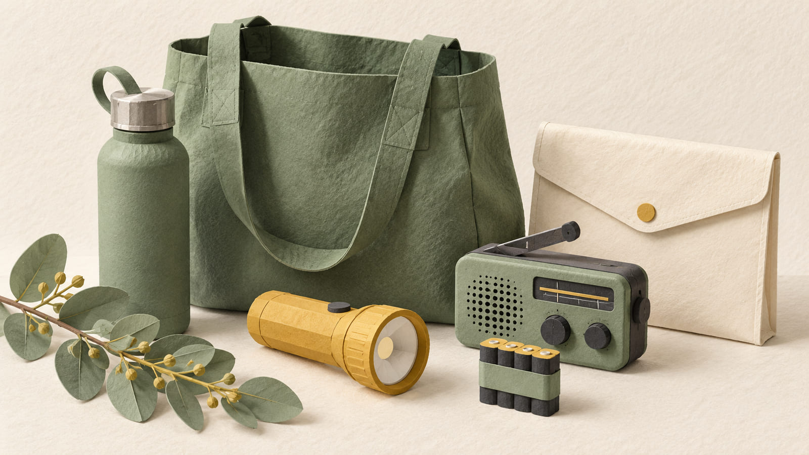 Illustration: A paper emergency bag, water bottle, torch, radio, batteries and document pouch.