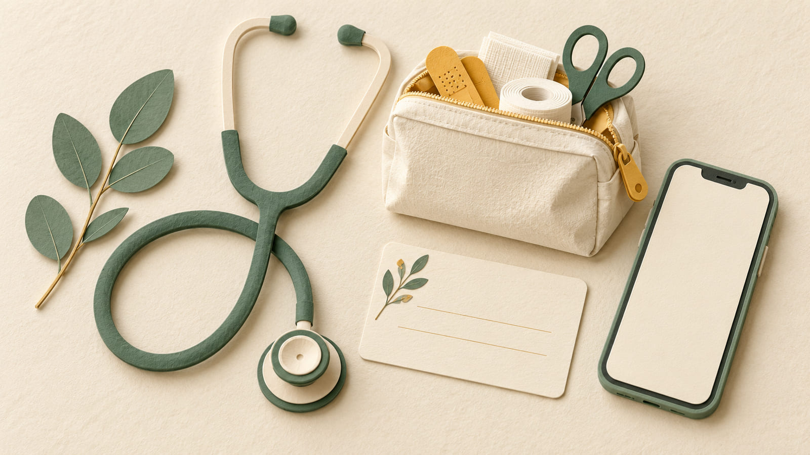 Illustration: A paper stethoscope, medical pouch, appointment card and phone representing healthcare services.