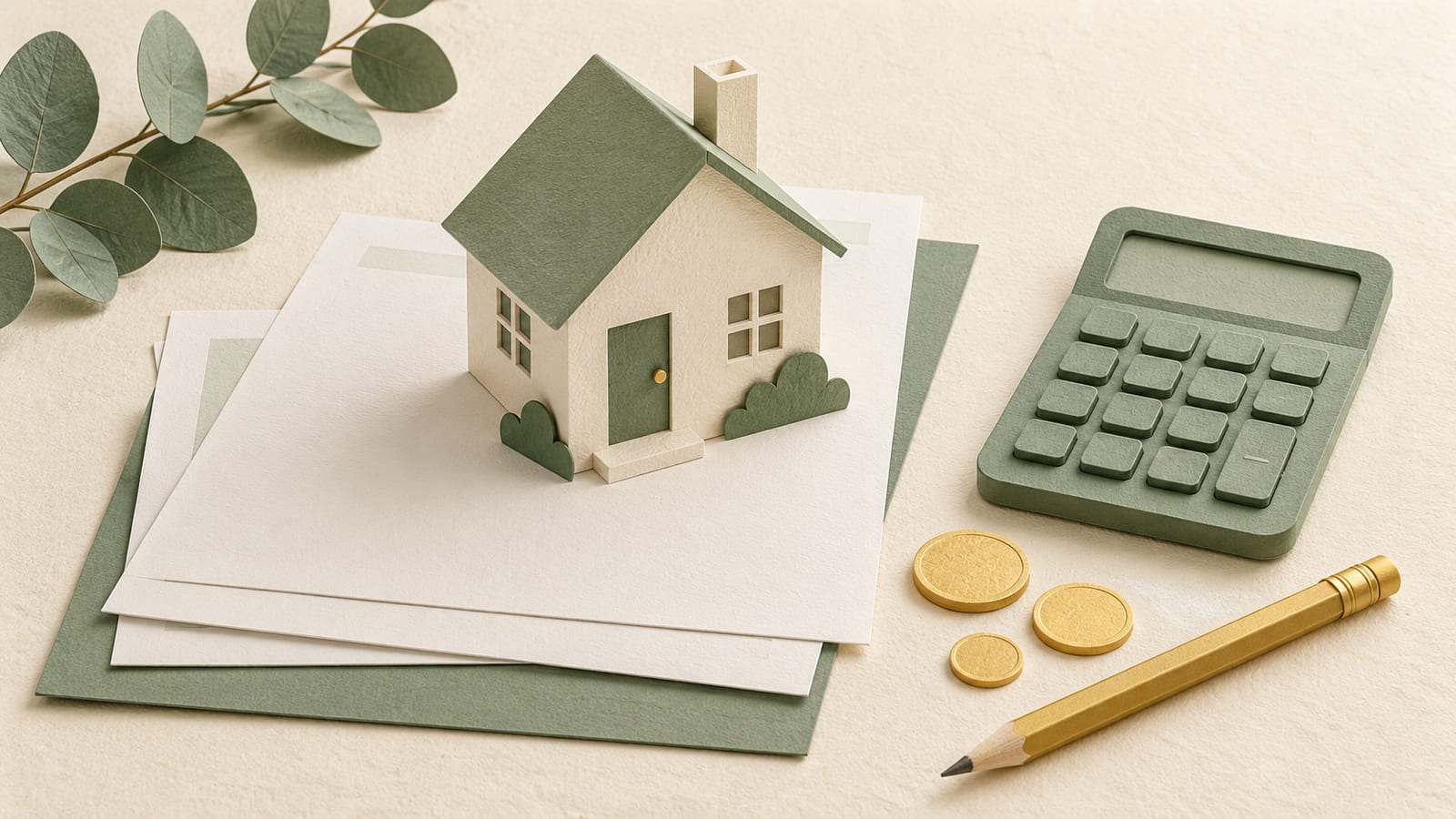 Illustration: A paper house, calculator, blank documents and coins representing a home budget.