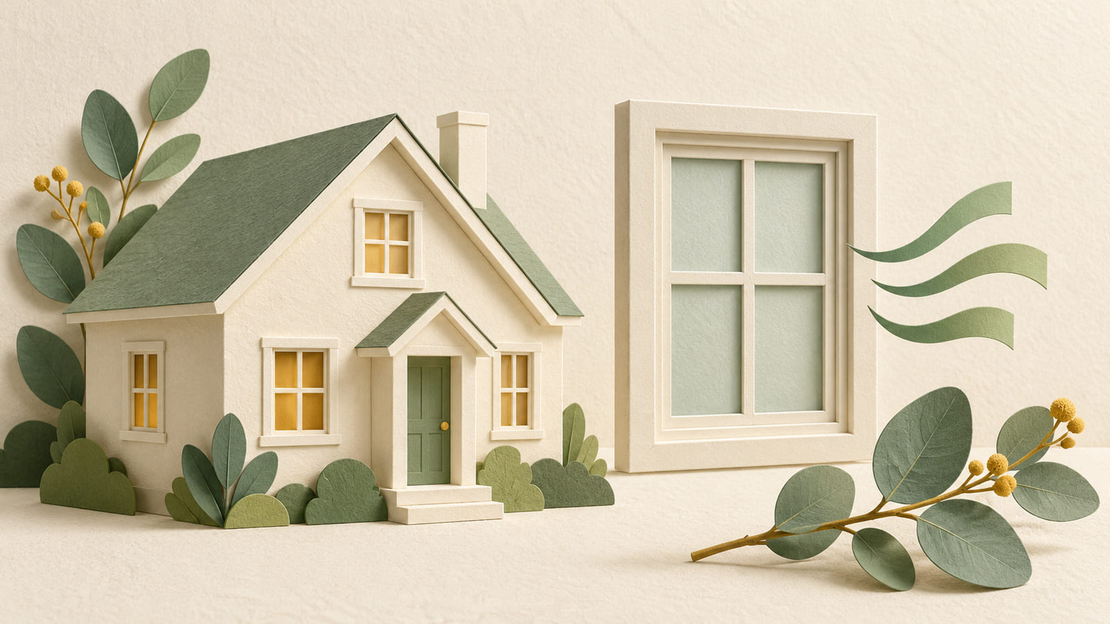 Illustration: A paper house and layered window beside curved ribbons representing home noise considerations.
