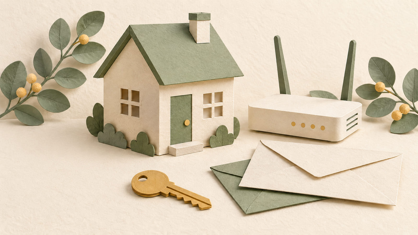 Illustration: A paper house, router, key and envelopes representing services to arrange before moving.