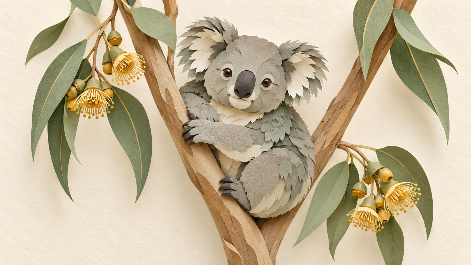 Illustration: A layered-paper koala resting in a eucalyptus branch.
