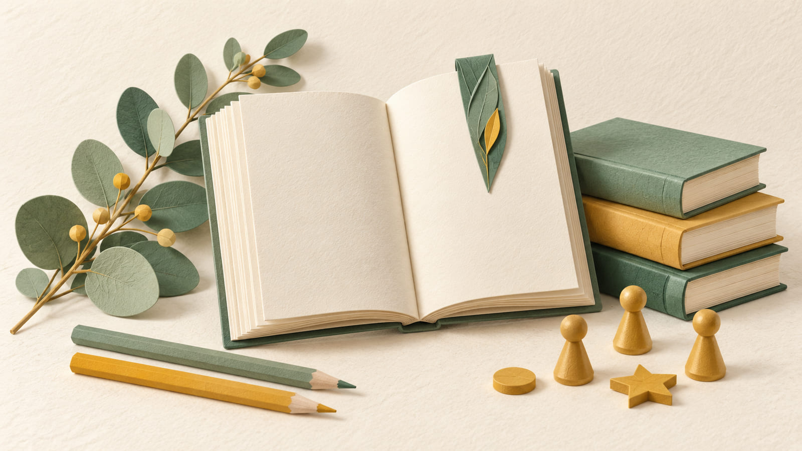 Illustration: Paper books, a leaf bookmark, pencils and game pieces representing library and community activities.