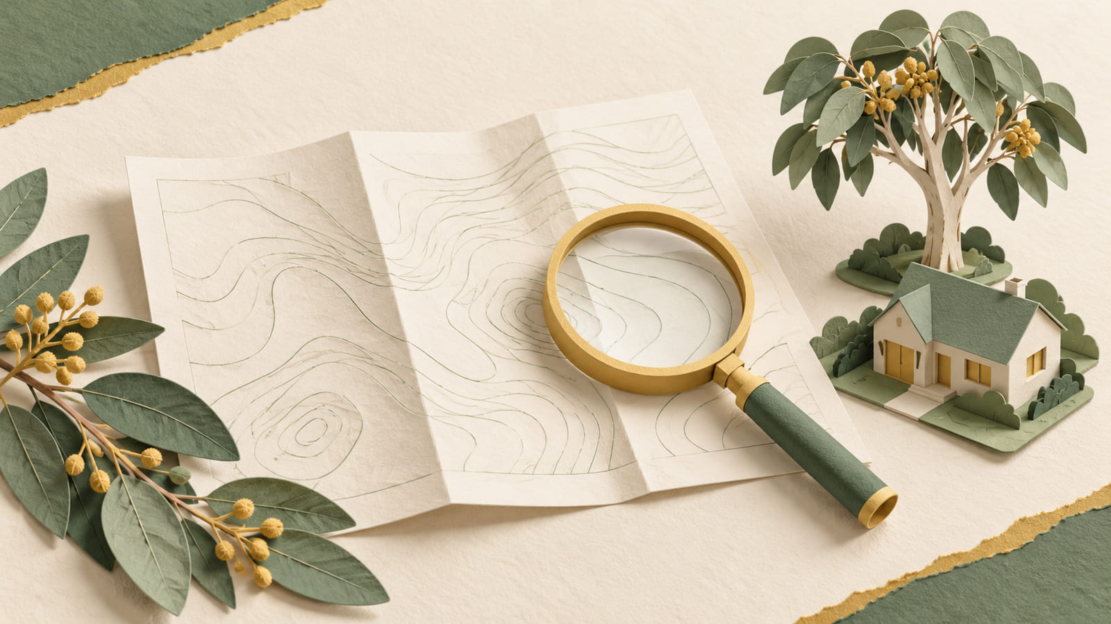 Illustration: A paper magnifying glass, abstract site plan, house and tree representing lot-level checks.