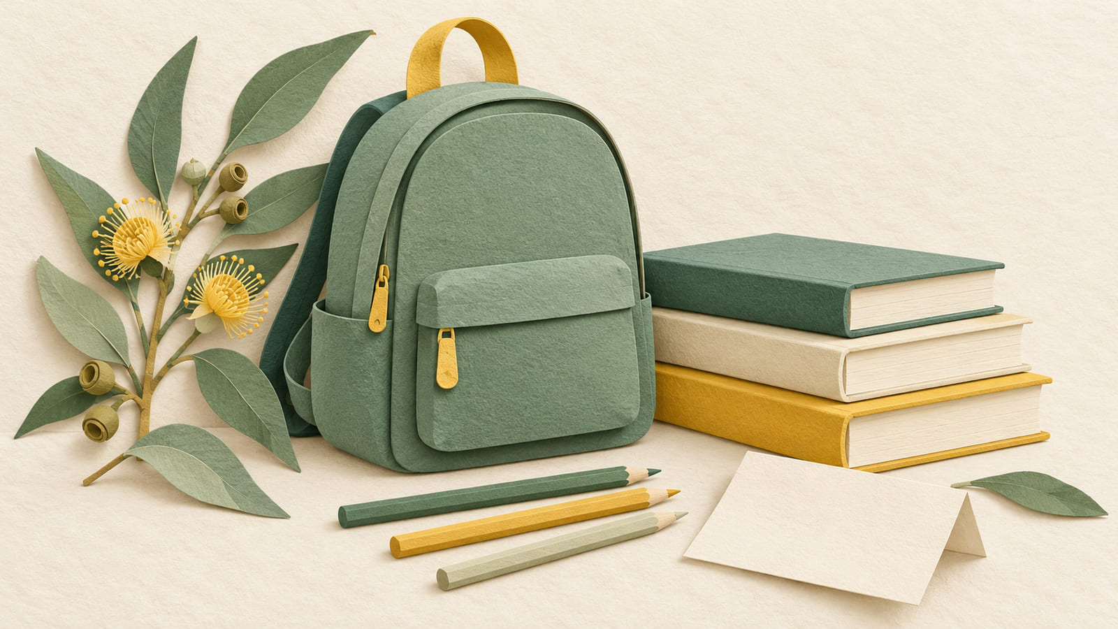 Illustration: A paper backpack, books and pencils representing school-day essentials.