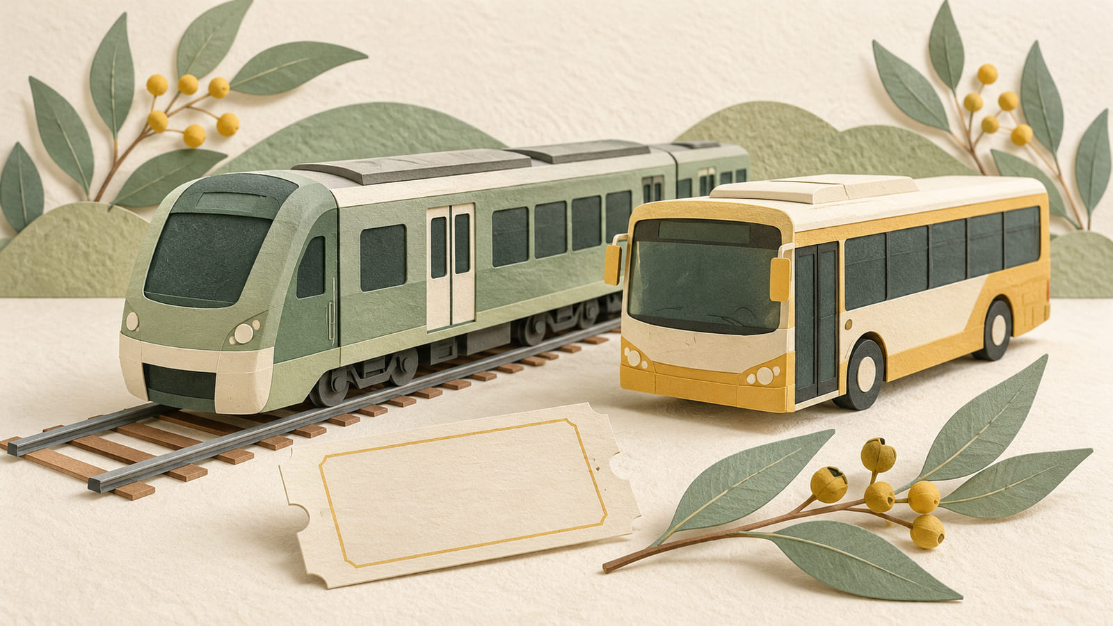 Illustration: A paper passenger train, bus and blank ticket representing public transport.