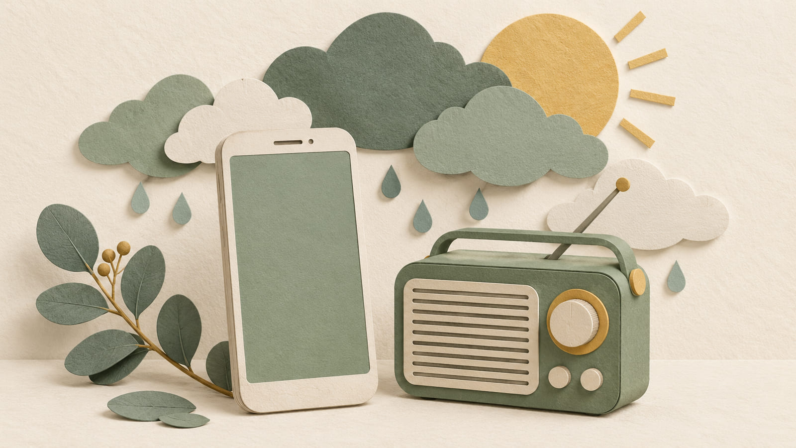 Illustration: A paper phone and radio beside rain clouds and a sun representing checking weather information.