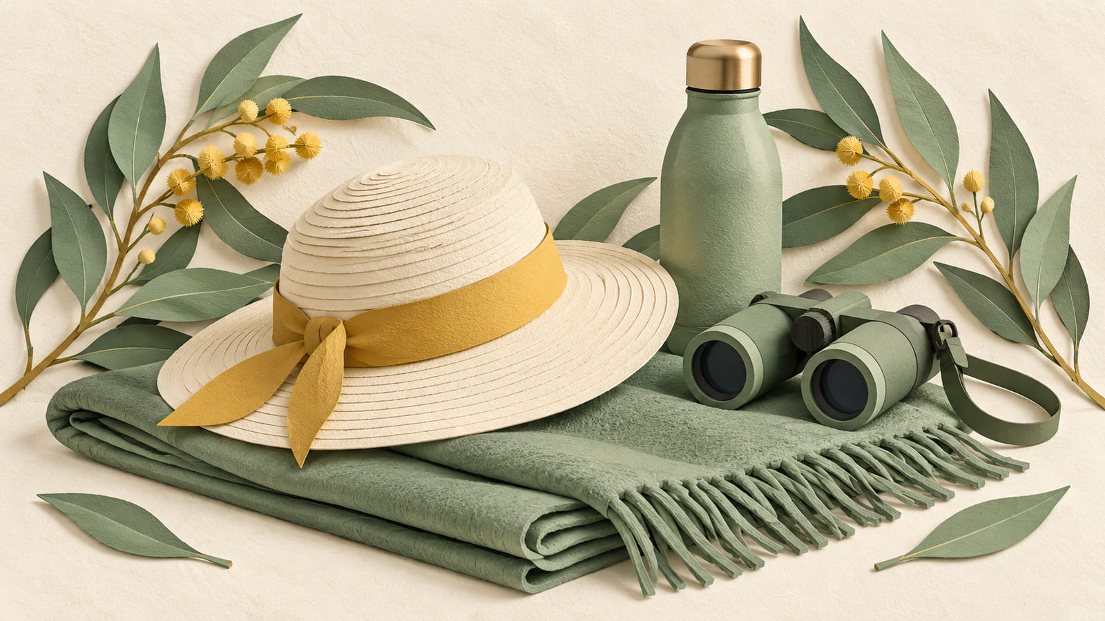 Illustration: A paper picnic blanket, sunhat, water bottle and binoculars representing a day outdoors.