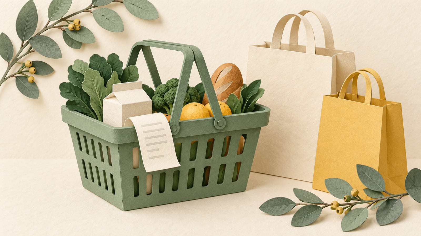 Illustration: A paper shopping basket, bags, carton and blank receipt representing a weekly shop.