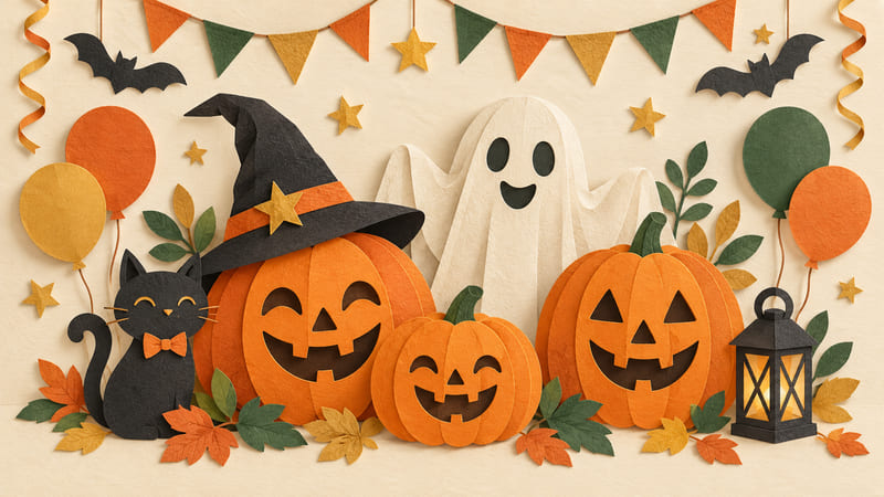 Illustration: Layered paper pumpkins, a smiling ghost, a witch hat, a black cat and bunting on a cream background.