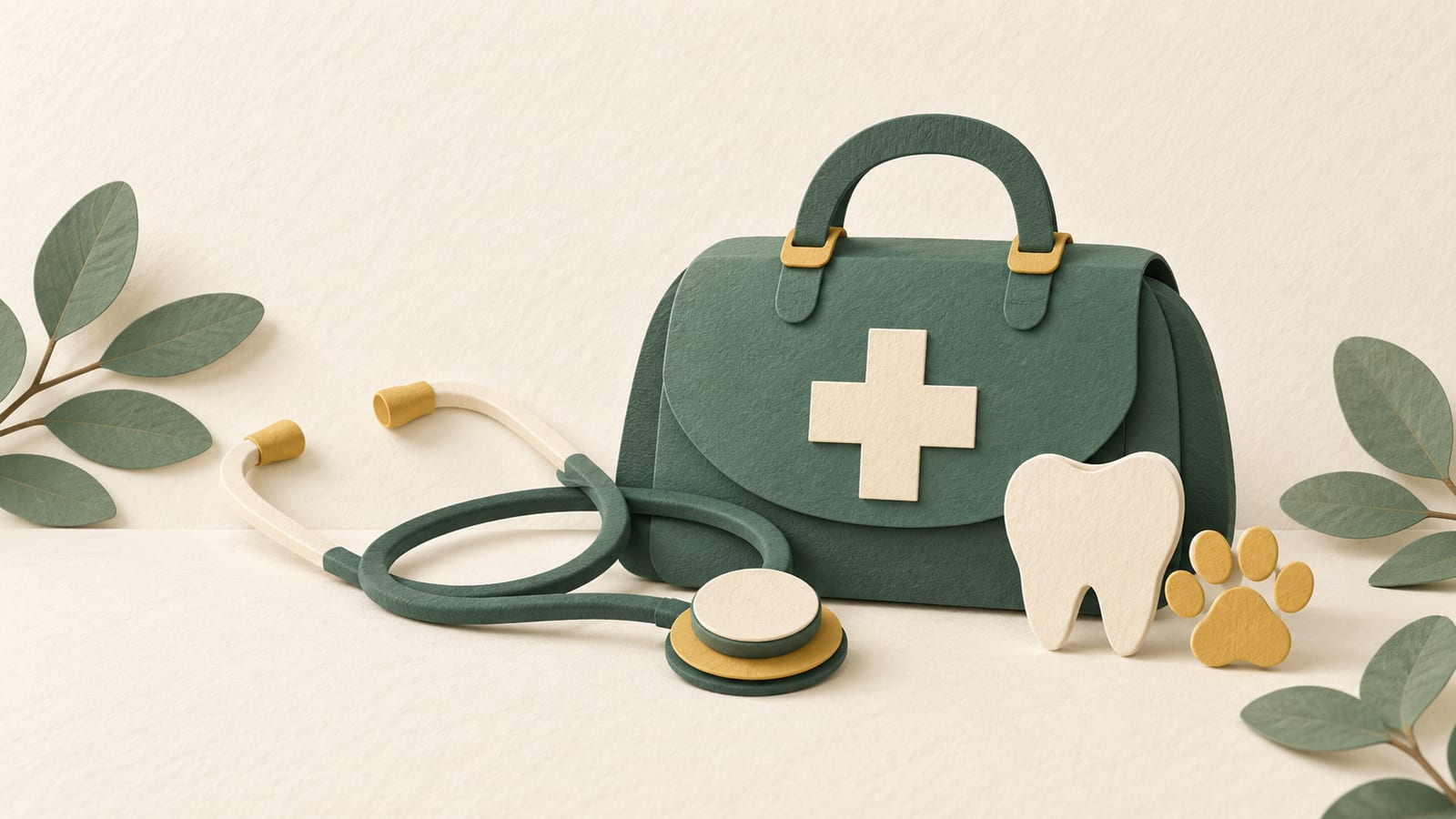 Illustration: A green paper medical bag, stethoscope, tooth shape and gold paw print.