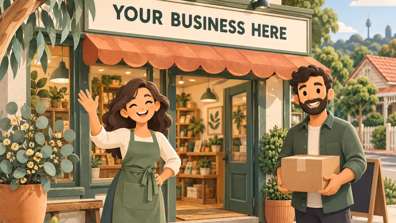 Illustration: Cartoon shopkeepers beside a shop with a sign reading Your business here.