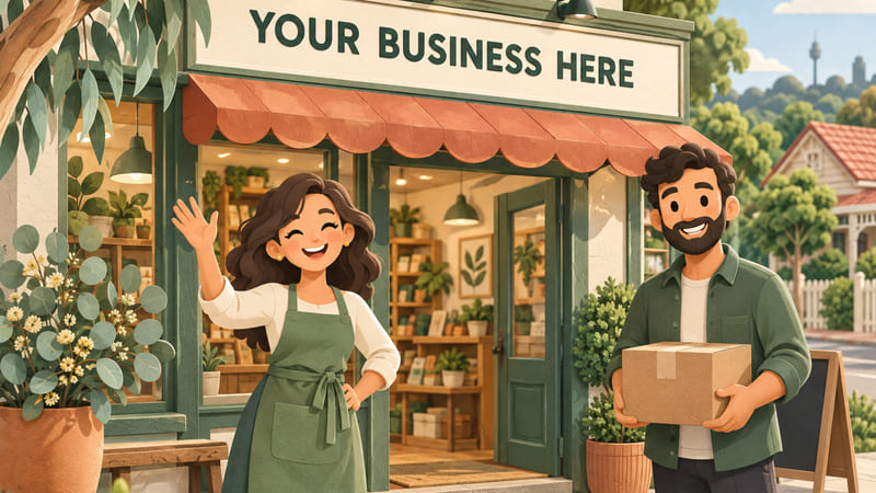 Illustration: Cartoon shopkeepers beside a shop with a sign reading Your business here.
