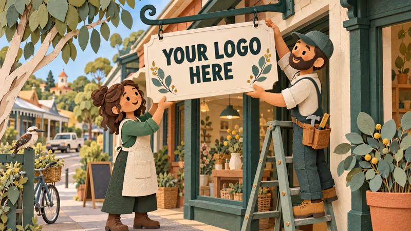 Illustration: Layered cut-paper shopkeeper and tradesperson hanging a sign reading Your logo here outside a fictional shop.