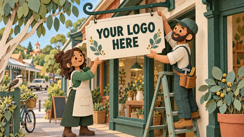 Illustration: Layered cut-paper shopkeeper and tradesperson hanging a sign reading Your logo here outside a fictional shop.